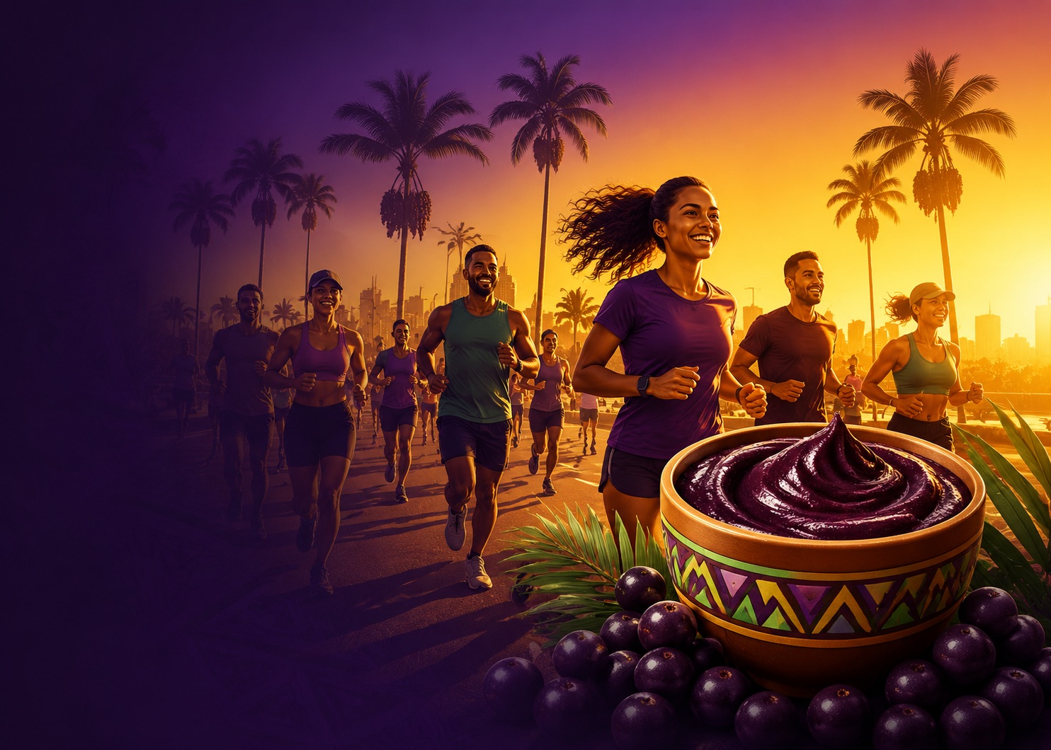Corredores ao amanhecer numa avenida com palmeiras e, em primeiro plano, uma cuia de açaí com grafismos marajoara cercada de caroços de açaí