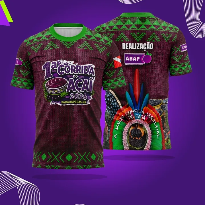 Camisa oficial da 1ª Corrida do Açaí, roxa com grafismos verdes, frente e costas