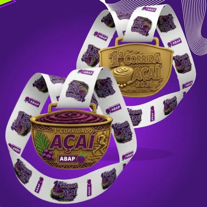 Medalha dupla face da 1ª Corrida do Açaí com fita personalizada